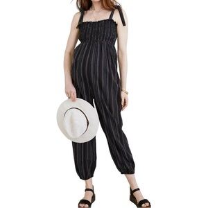 HATCH Women's JOJO Jumpsuit Striped‎ Black 100% Cotton Smocked Bodice Size 0/S